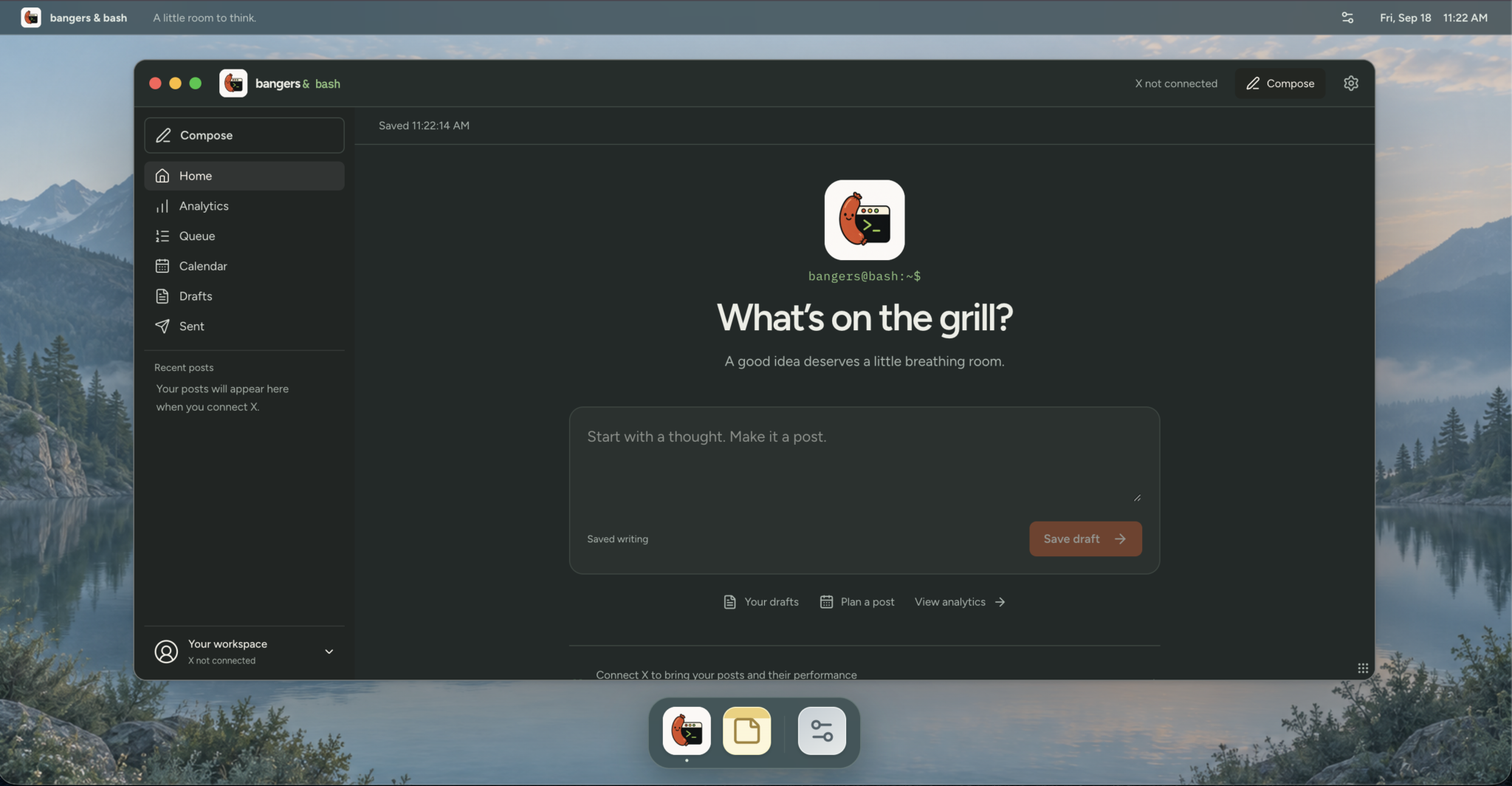 bangers & bash workspace with Compose, Home, Analytics, Queue, Calendar, Drafts and Sent navigation.